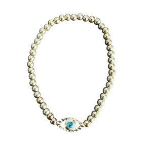 Signed gold beaded blue jewel evil eye protection stretch bracelet